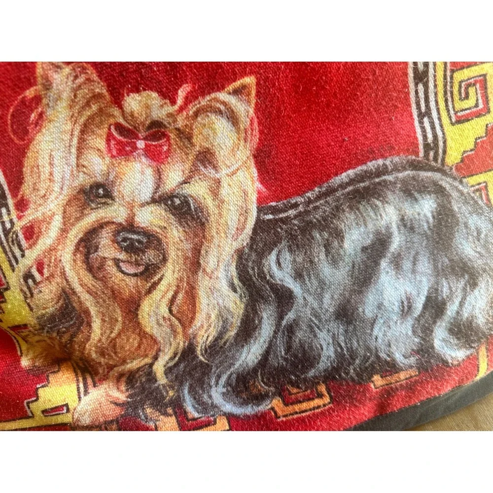 Vintage 1993 Yorkshire Terrier Yorkie Dog Portrait Decorative Throw Pillow Red
